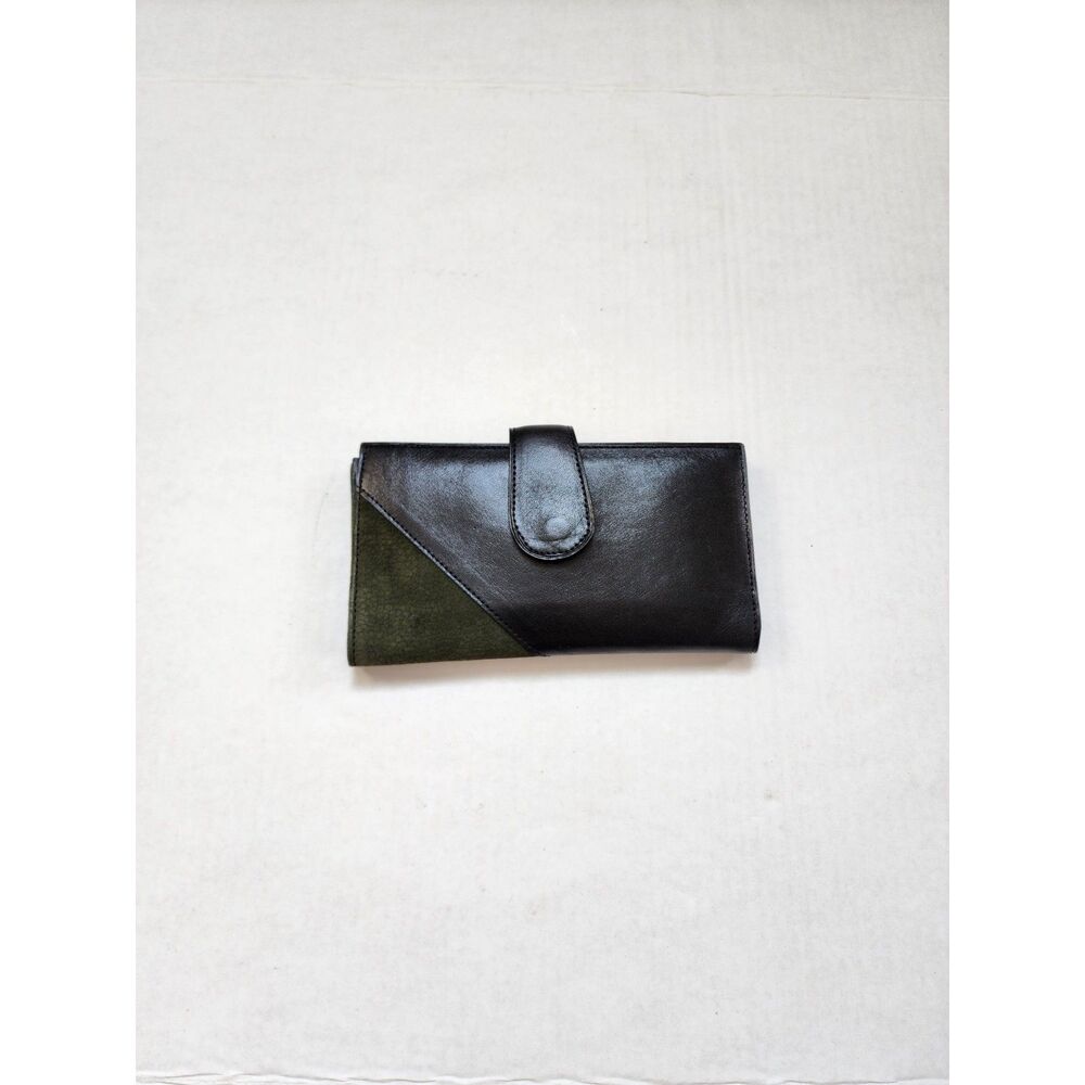 Vintage Colorblock Leather & Suede Long Bifold Wallet Black Green - Picture 8 of 9